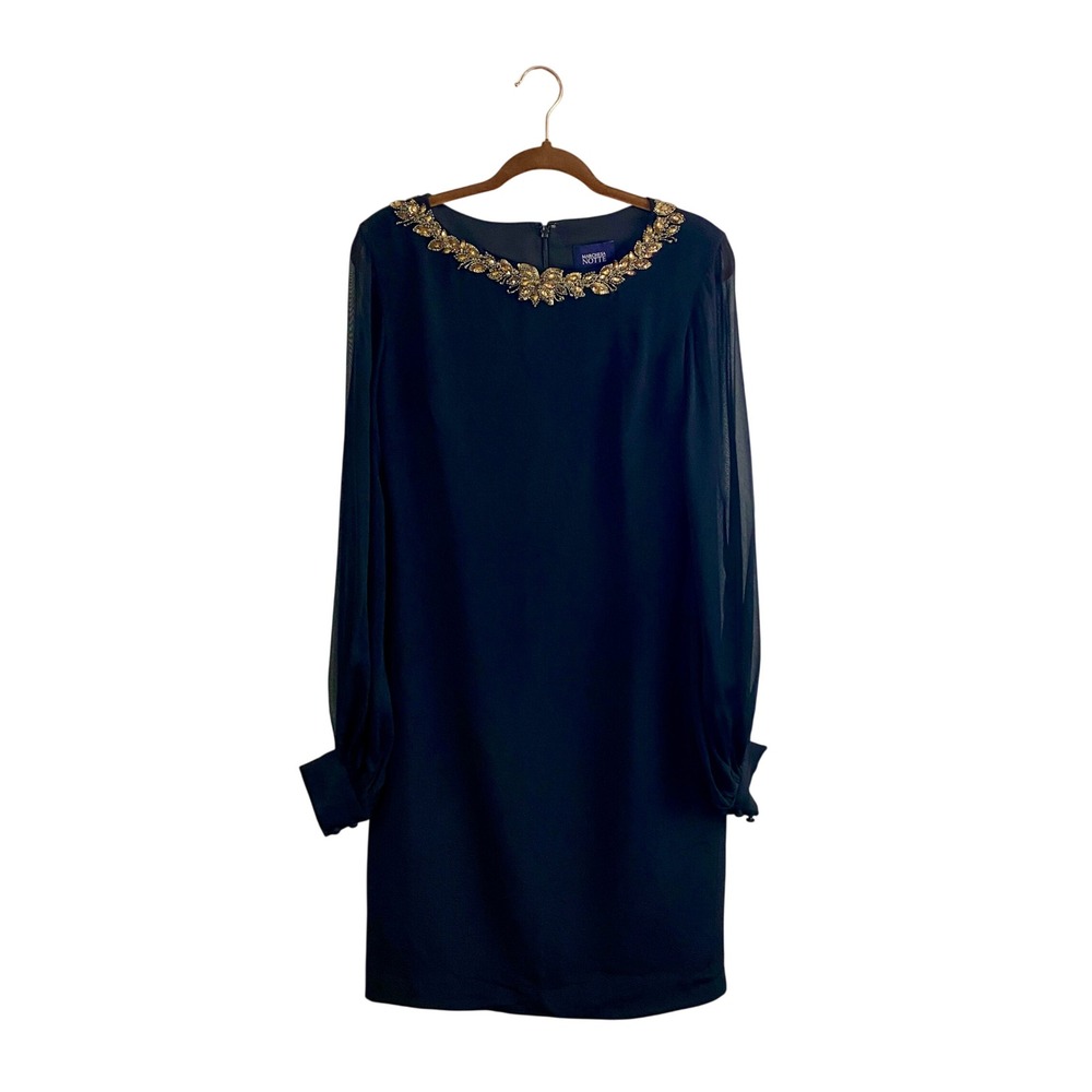 Marchesa Notte Black 100% Silk Shift Dress Beaded Neck Sheer Long Sleeve